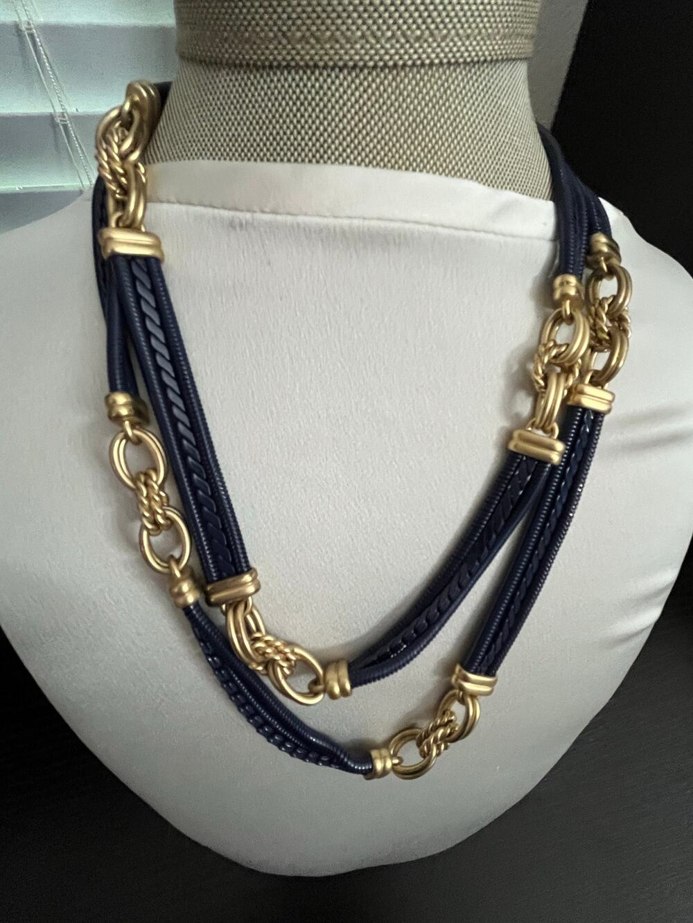 Chico's Navy Blue Silk Cord Multi Strand Necklace Gold Tone Link Accent